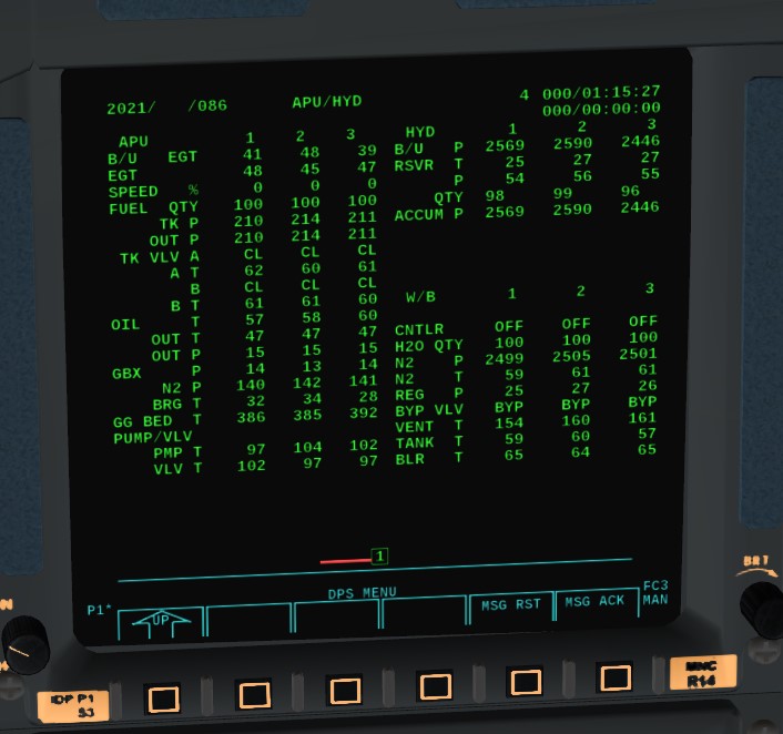 APU/HYD display of the Space Shuttle