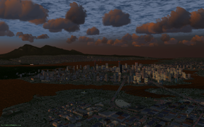 Downtown Vancouver BC at dusk, facing north, with Kitsilano in the foreground and Stanley Park on the left.