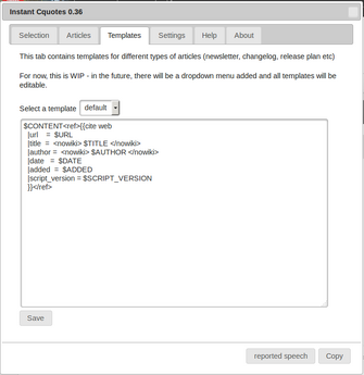 Instant cquotes now features a simple built-in template editor with support for variable substitution, so that wiki templates can be more easily customized
