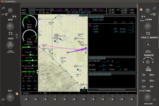 FG1000 MFD with Cessna 182T Engine Information System (EIS), and Active Flightplan