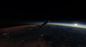 Earthview orbital renderer at low sun showing light from cities. The Space Shuttle shows the glow from the heat of hypersonic re-entry.