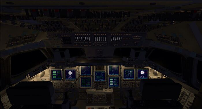 FlightGear Space Shuttle cockpit with internal lighting