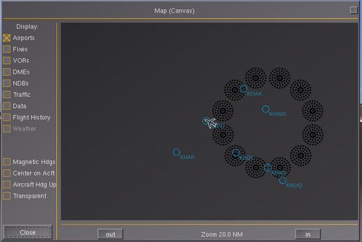 A simple MapStructure layer called DEMO that renders a circle of NDB symbols (SVGs) in the vicinity of the aircraft using geo.nas and its helpers like geo.aircraft_position() and the apply_course_distance(course, dist) method as per [1]. See Canvas Radar to learn more.