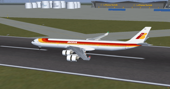 A340-600HGW using flaps, airbrake and thrust reversers