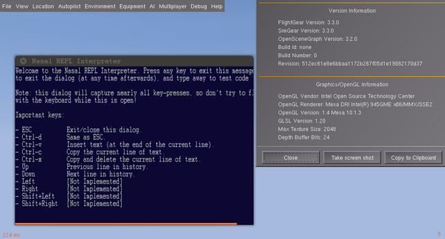 FlightGear 3.2/Canvas working on a dual-core Netbook with Intel GMA graphics showing the Interactive Nasal Console dialog
