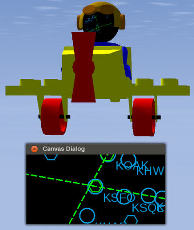 A screen shot showing the ogel aircraft whose livery is dynamically changed using the Canvas system - in this case, we're simply rendering a MapStructure map onto the face of the pilot using ~10 lines of Nasal/Canvas code.