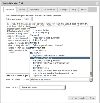 Screenshot showing the JQuery-mode of the instant cquotes script with built-in support for fetching a user's wiki/watchlist to edit/update articles in a semi-automated fashion
