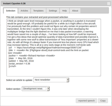 Screenshot showing instant-cquotes with wikimedia API integration to fetch articles/sections and populate dropdown menus accordingly