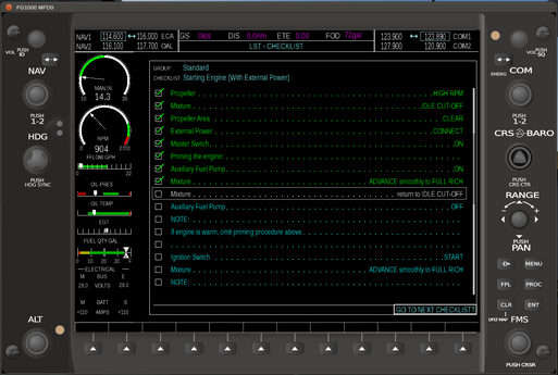 FG1000 MFD with Checklist page displayed