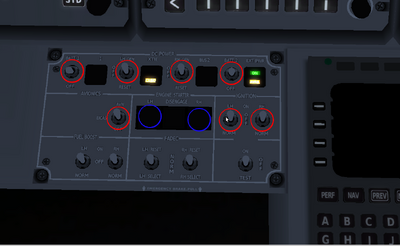 Screenshot of Citation X cockpit detail (Power and Avionics panel) with buttons to press during startup highlighted.Designer of Flightgear Citation X plane: Syd Adams