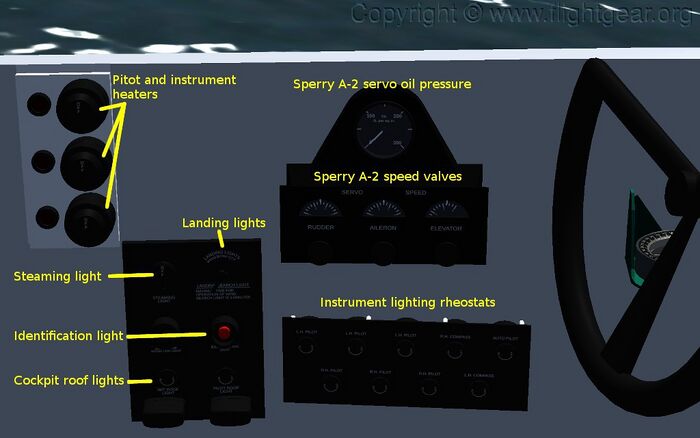 The left-hand side of the cockpit with the Sperry A-2 speed valves and the light switches.