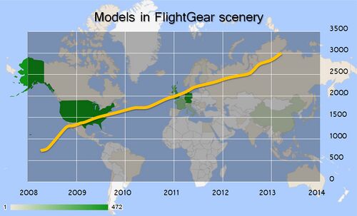 Number of unique models in the scenery database. Background map shows the number of unique models placed in each country.