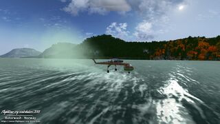 Rotor downwash and wake on water over a fjord in Norway (Flightgear 2018)