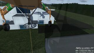 Aft pilot view. Aircrane in compositor branch (WiP, May 2020) and rope from Cargo Towing Addon. Note ALS glass effect. (Flightgear 2020)